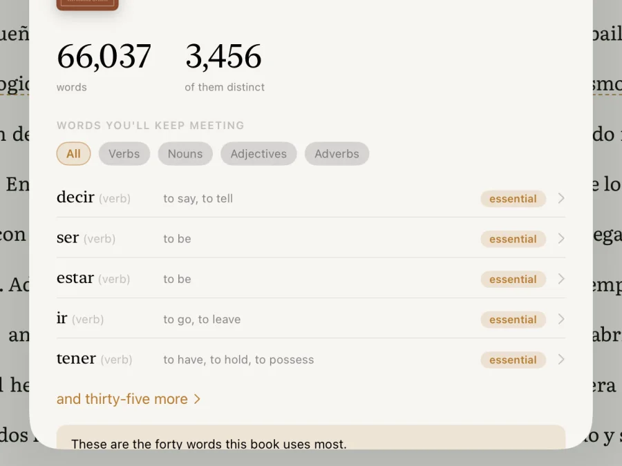 A book&rsquo;s page in Quoth: its word count, its distinct words, and the words it uses most.