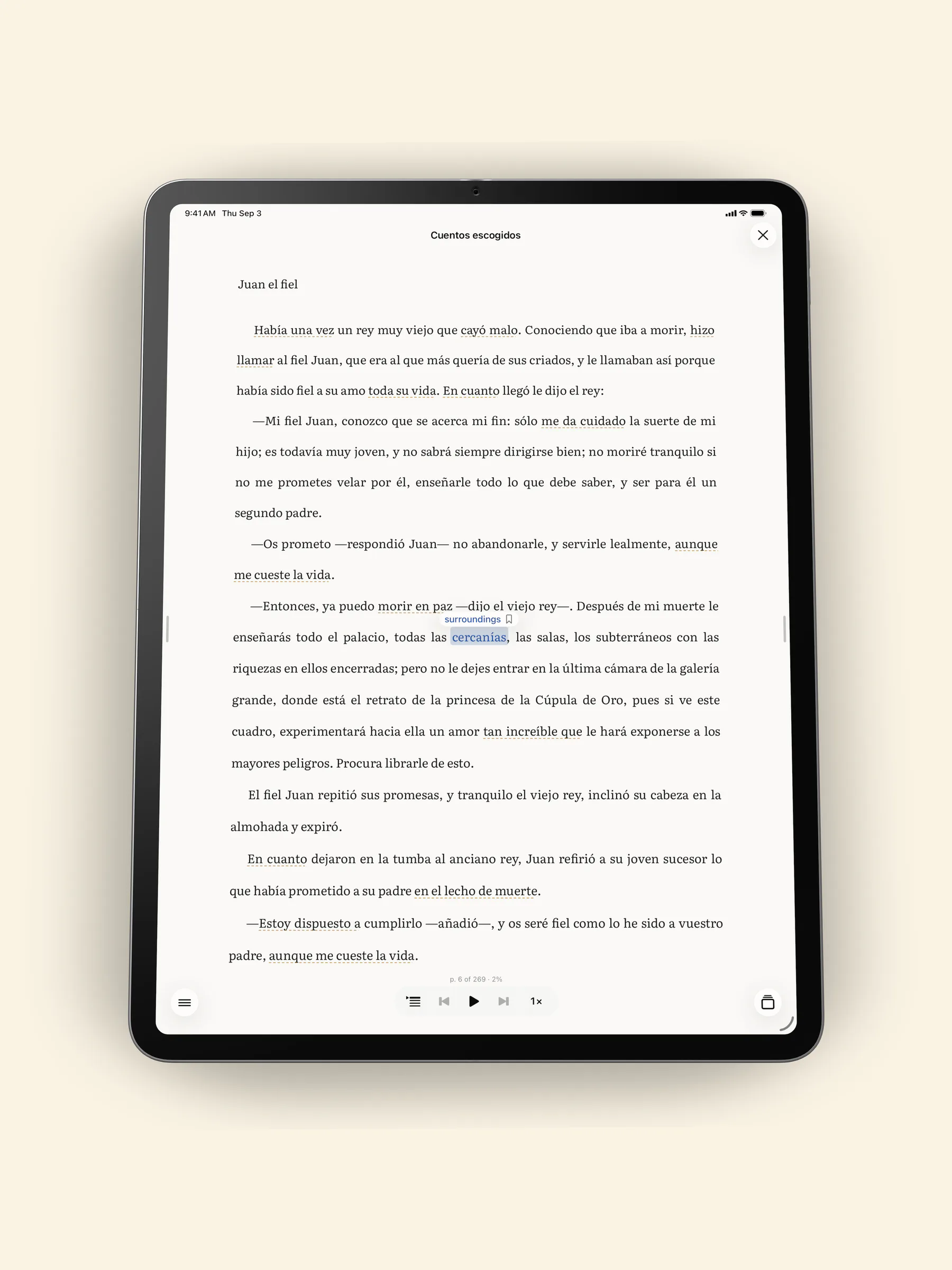 The Quoth reading page on iPad: a page of Spanish with the English meaning of a tapped word shown above the line.