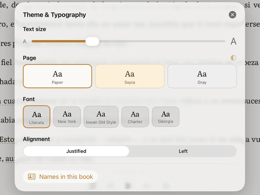 The theme sheet, with paper colours and reading typefaces to choose from.