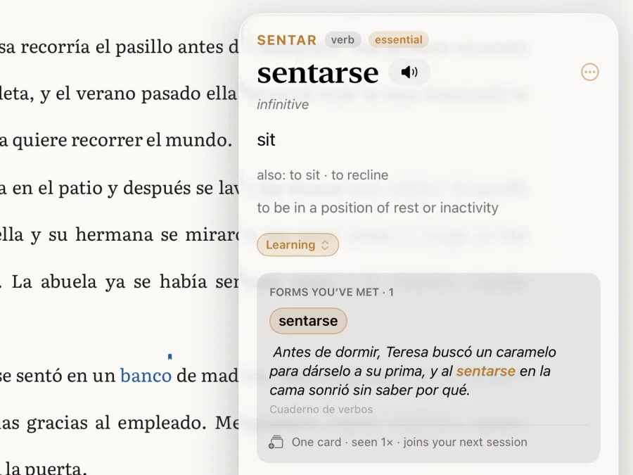 A verb&rsquo;s word card, listing the forms of it met so far.