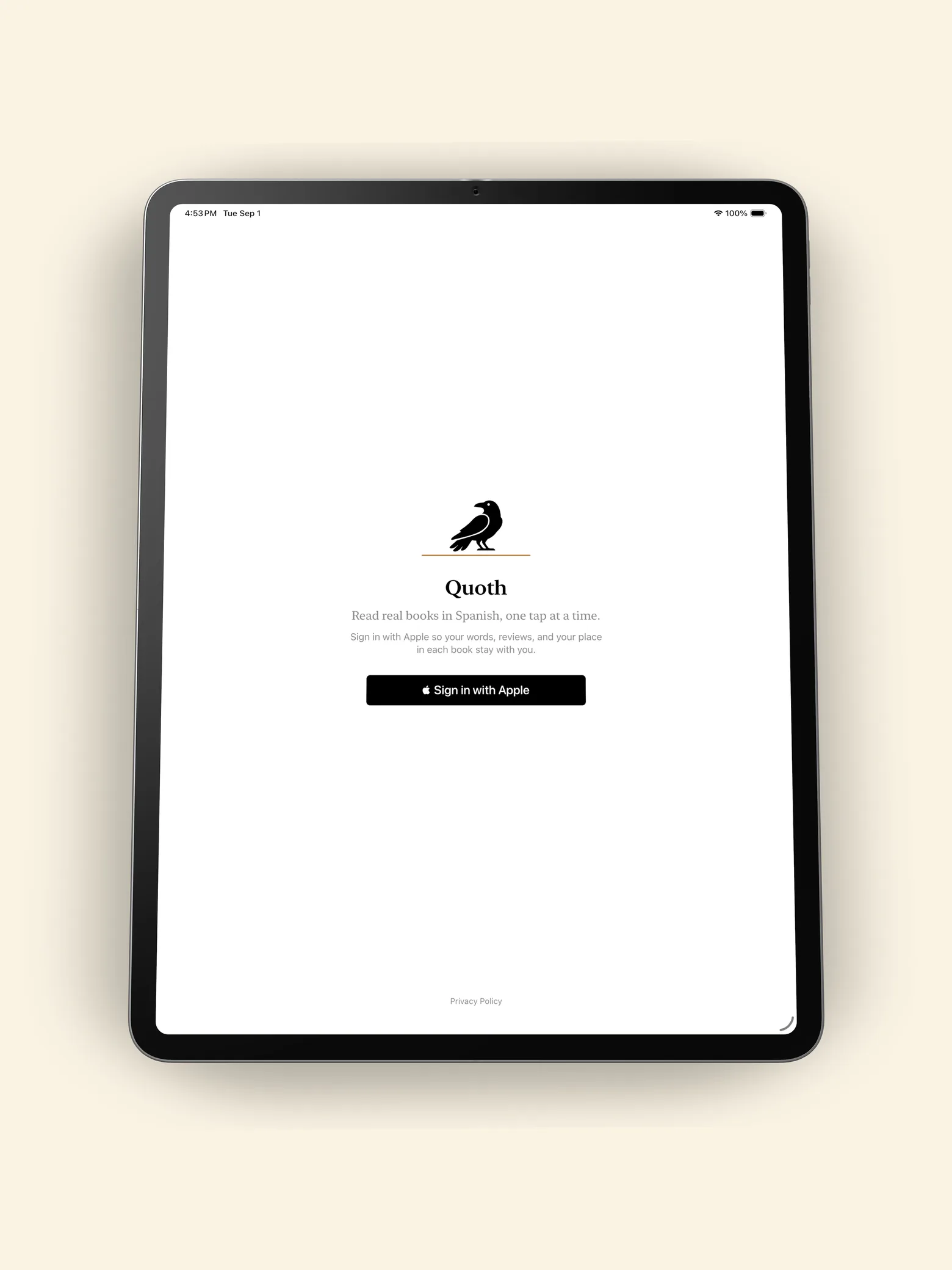 The Quoth sign-in screen: the raven mark, the app name, and a Sign in with Apple button.